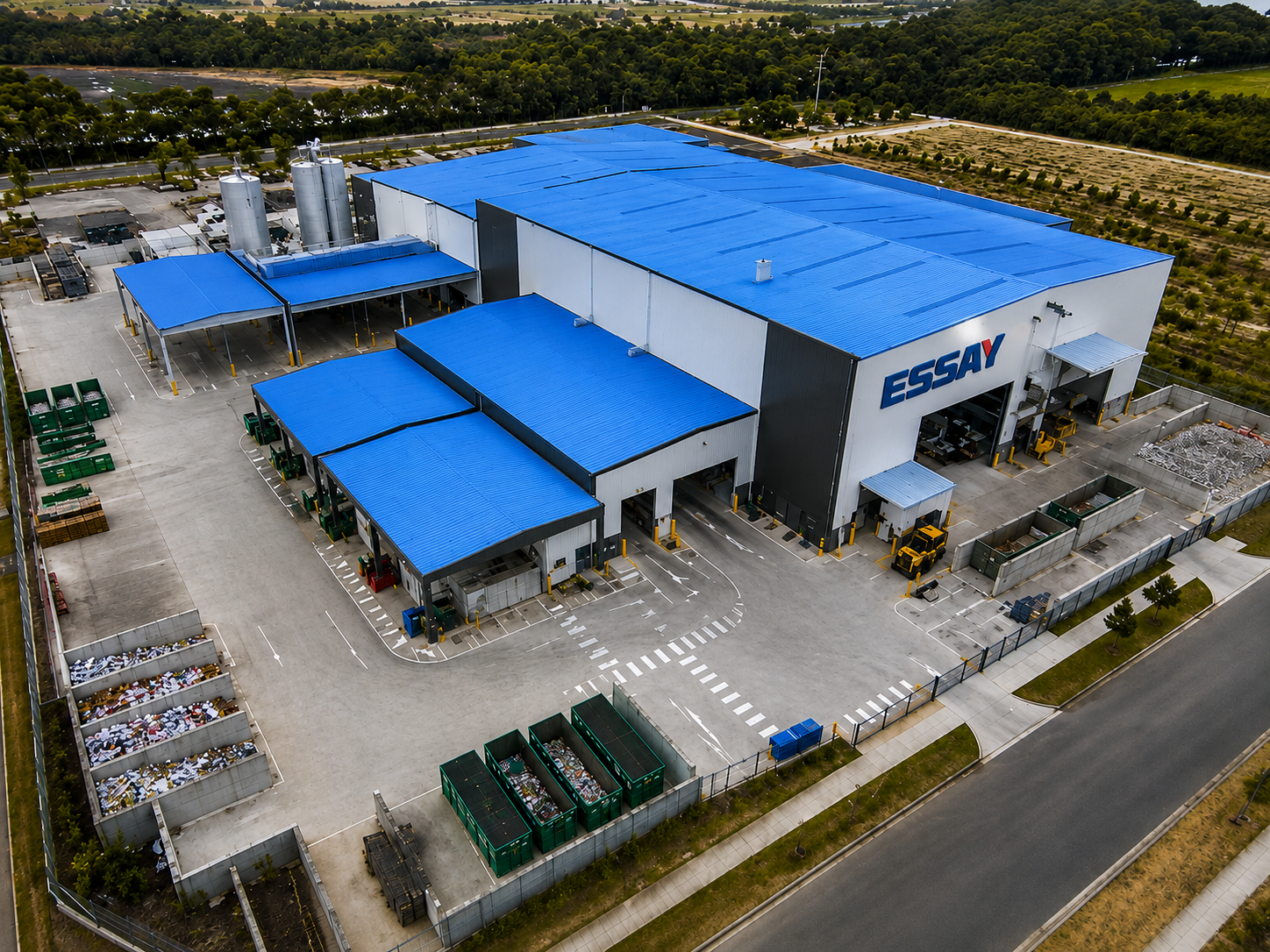Aerial view of Essay Energy's recycling facility with blue-roofed processing bays, storage silos and sorted waste bins