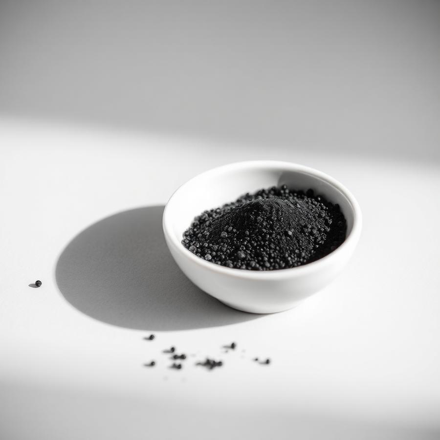 Close-up of fine recovered carbon black powder in a white dish