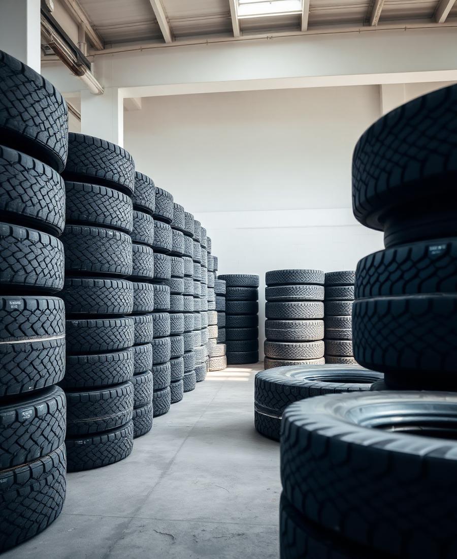 Neatly stacked end-of-life truck tyres awaiting processing in a bright recycling warehouse