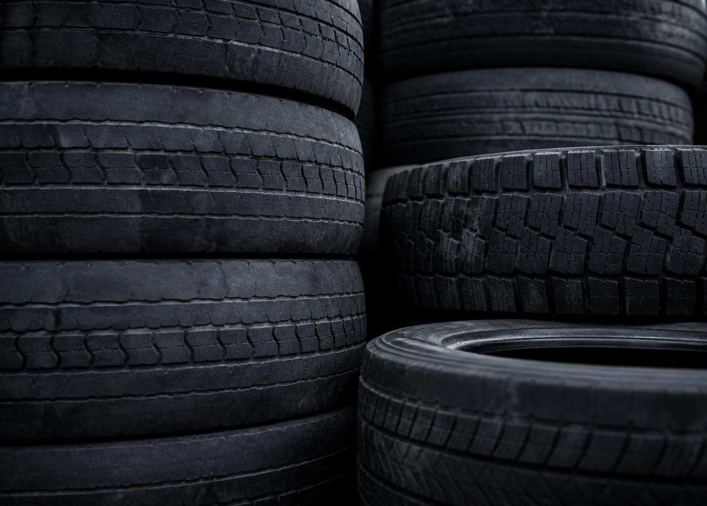 Stacked end-of-life truck and passenger tyres awaiting processing