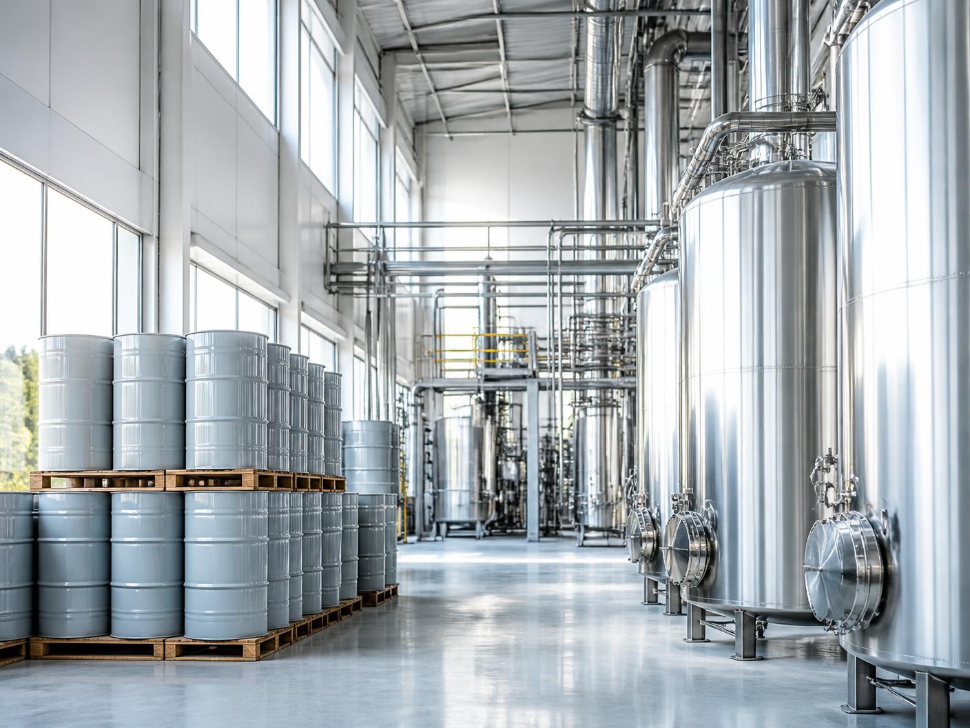 Bright modern resource recovery plant with stainless steel tanks, pipework and drums of recovered industrial material
