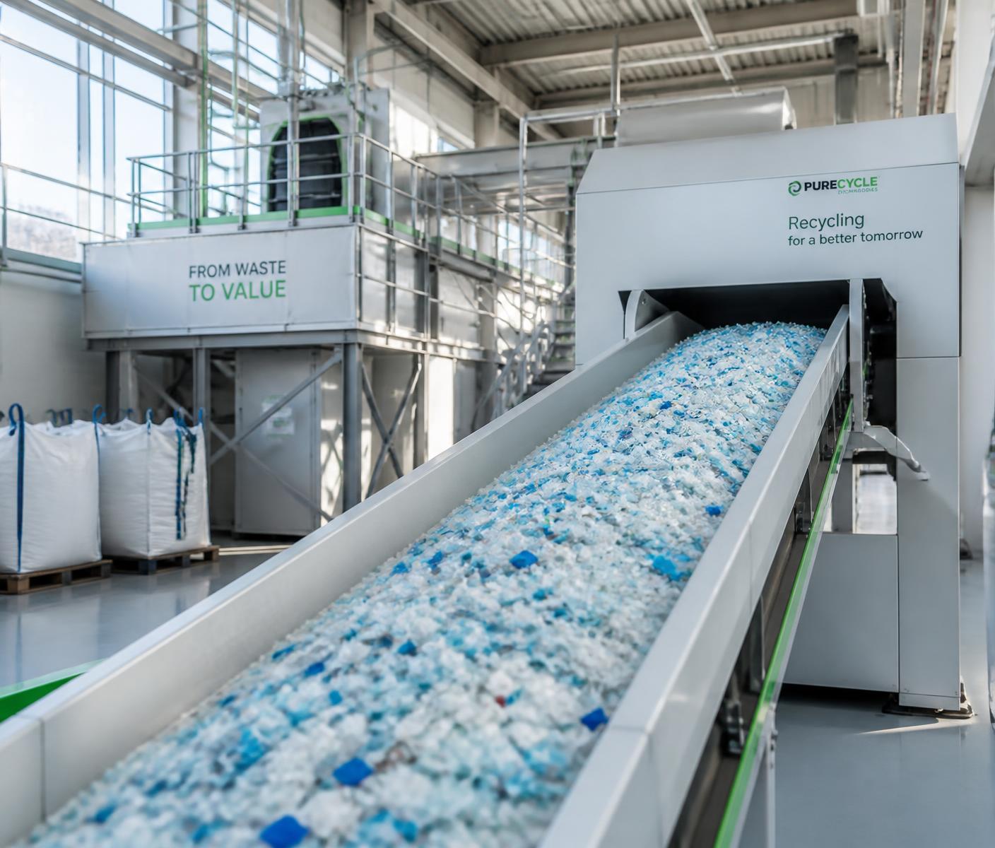 Bright modern plastic material recovery line moving baled post-consumer plastic inside a clean facility