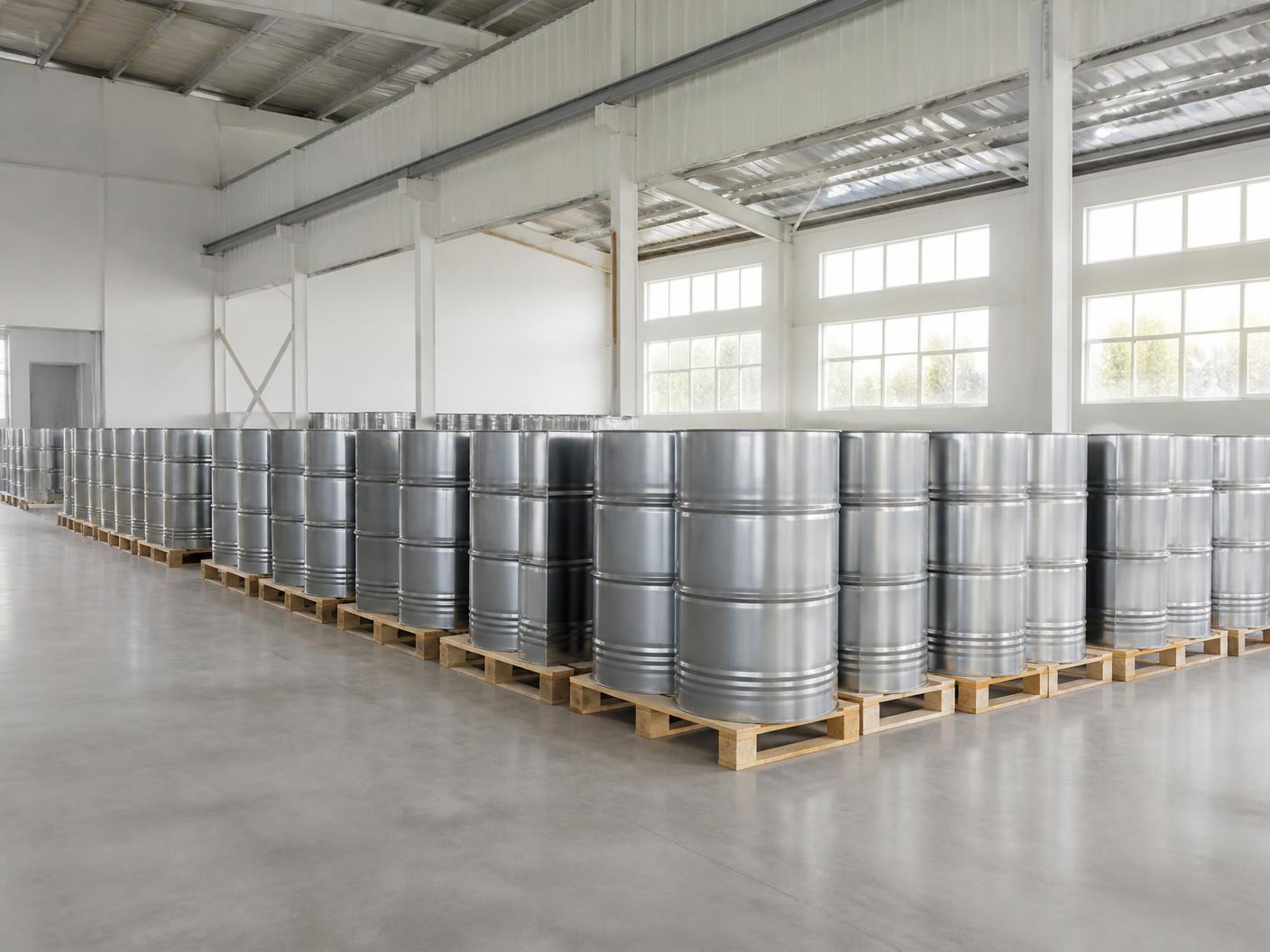 Industrial steel drums of dark pyrolysis fuel oil in a plant storage bay